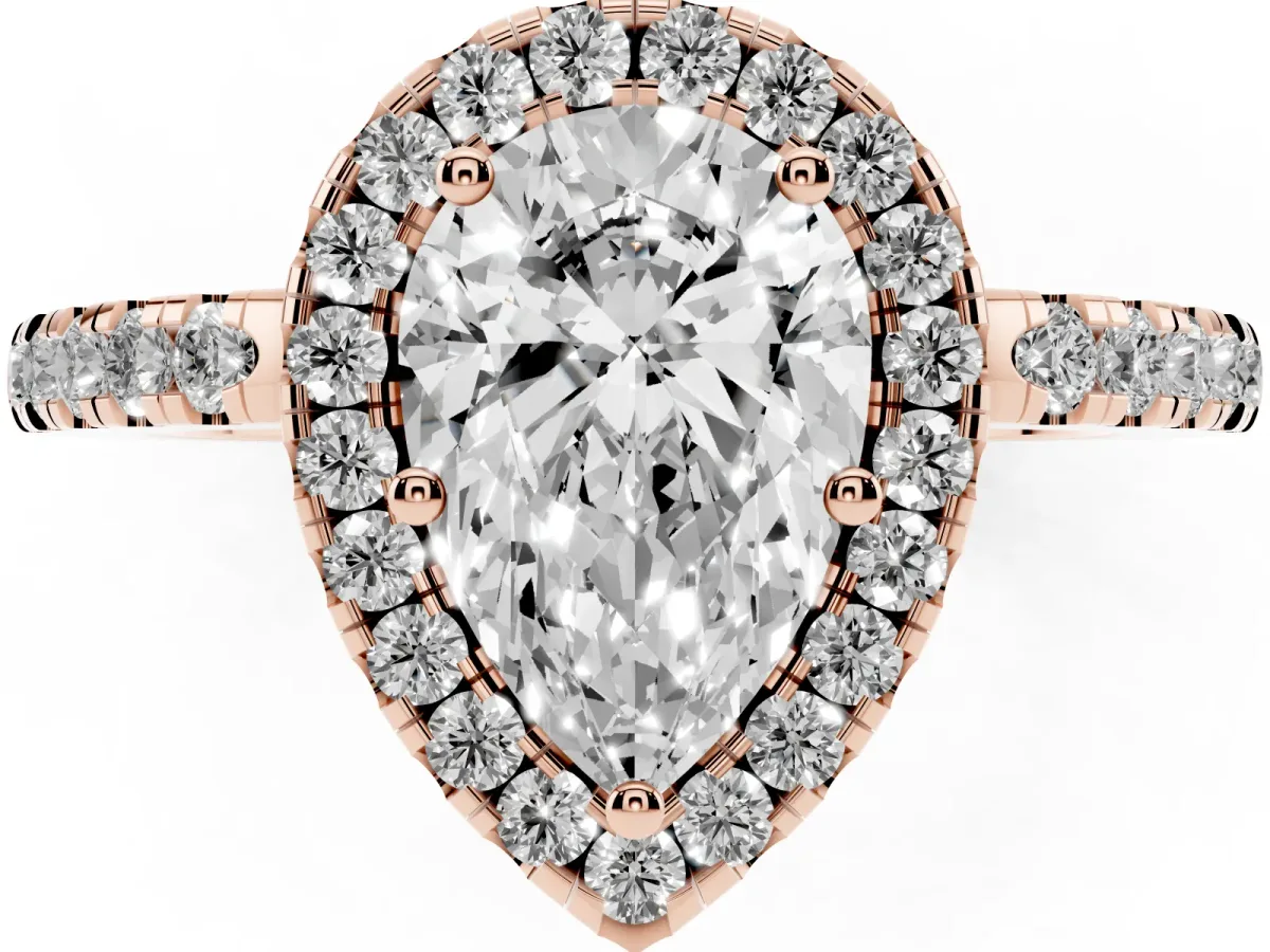 Pear Cut Halo Diamond Engagement Ring with Pavé Band and Four-Prong Setting Rose gold