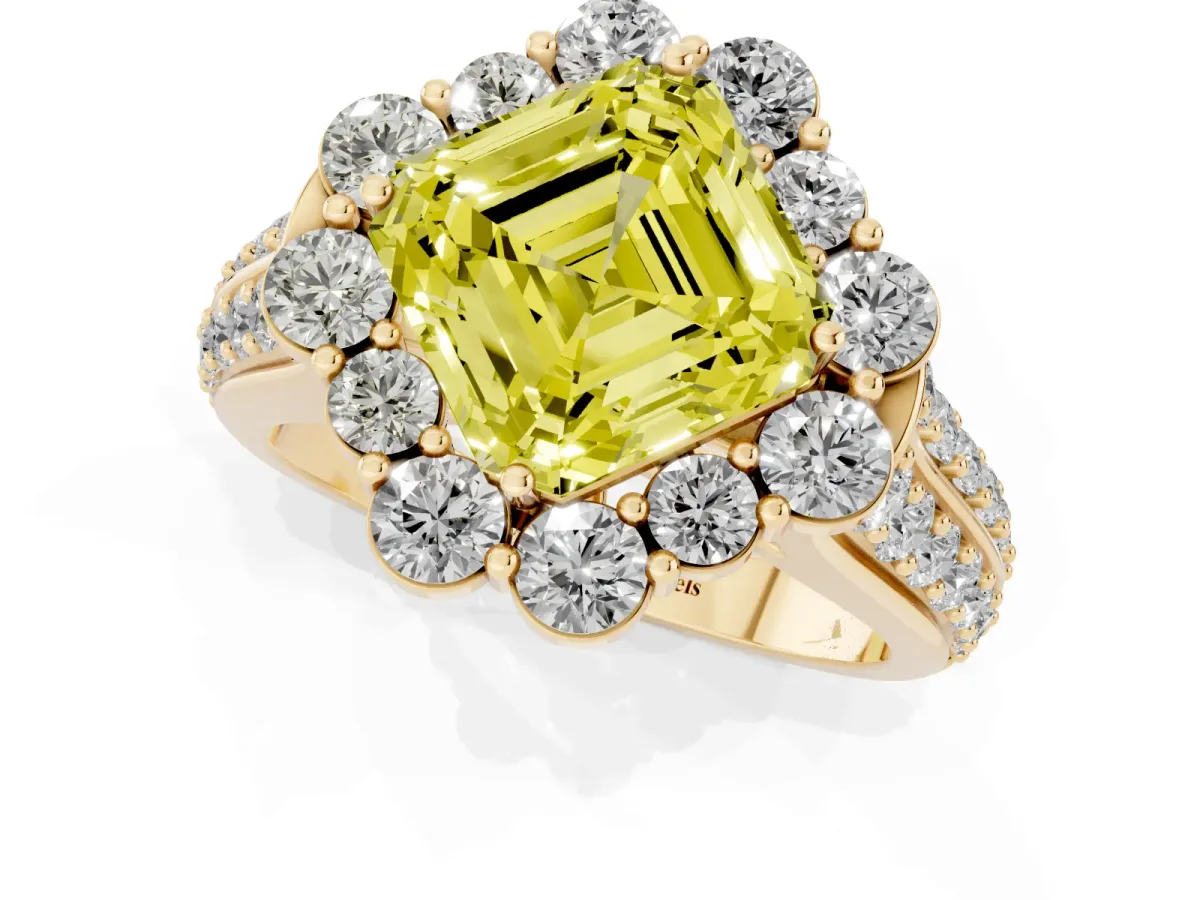 Fancy Yellow Asscher Cut Halo Diamond Engagement Ring with Split Shank and Prong Setting Yellow gold