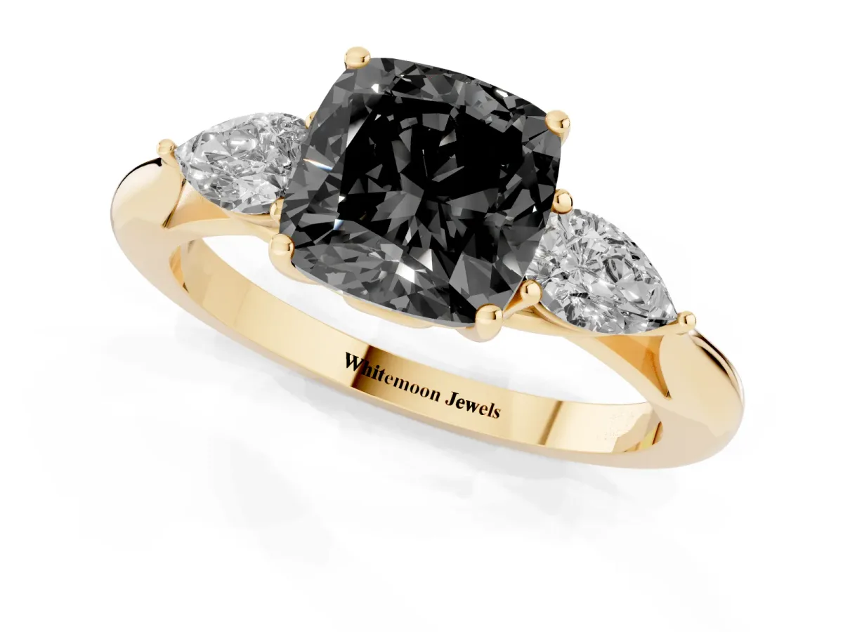 Fancy Black Three-Stone Cushion Cut Brilliant Diamond Solitaire Ring with Tapered Band and Four-Prong Setting Yellow gold