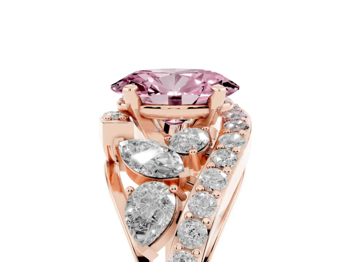 Fancy Pink Oval Cut Diamond Halo Ring with Marquise and Pavé Band in Prong Setting Rose gold