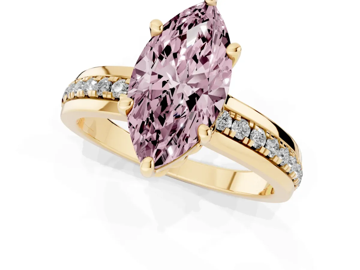 Fancy Pink Marquise Cut Solitaire Diamond Ring with Channel Set Band and Six-Prong Setting Yellow gold