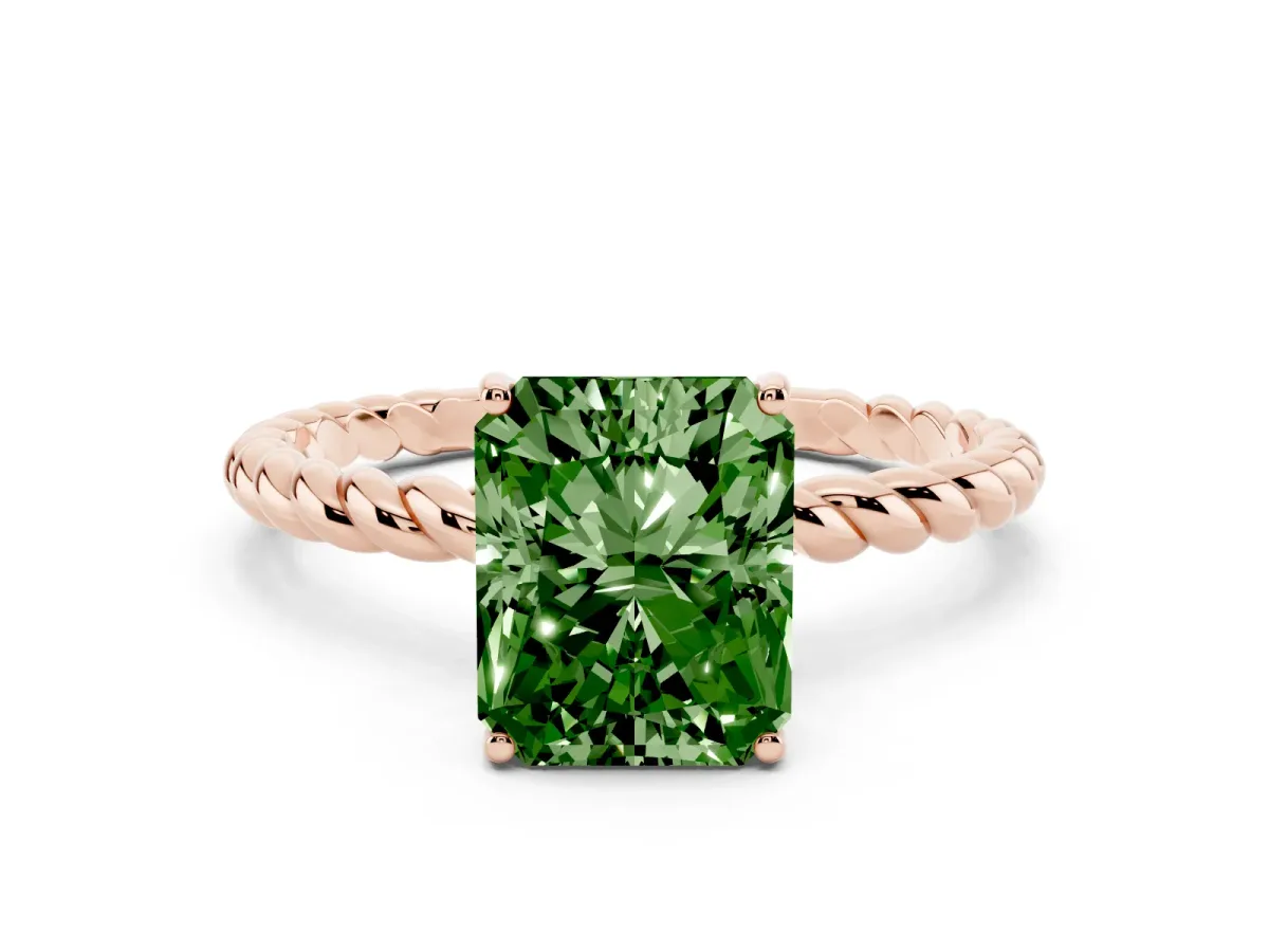 Fancy Green Radiant Cut Solitaire Twist Band Ring with Four-Prong Setting Rose gold