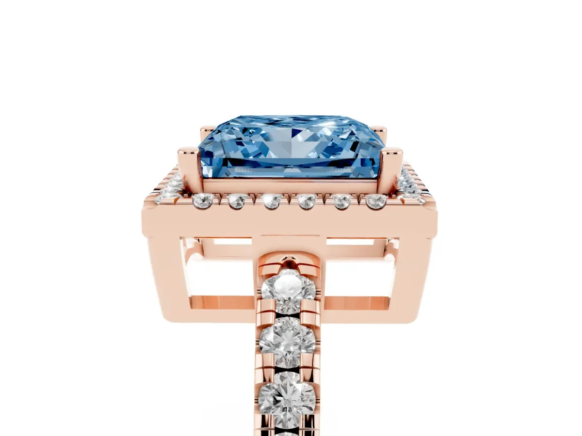 Fancy Blue Princess Cut Diamond Halo Ring with Pavé Band and Four-Prong Setting Rose gold