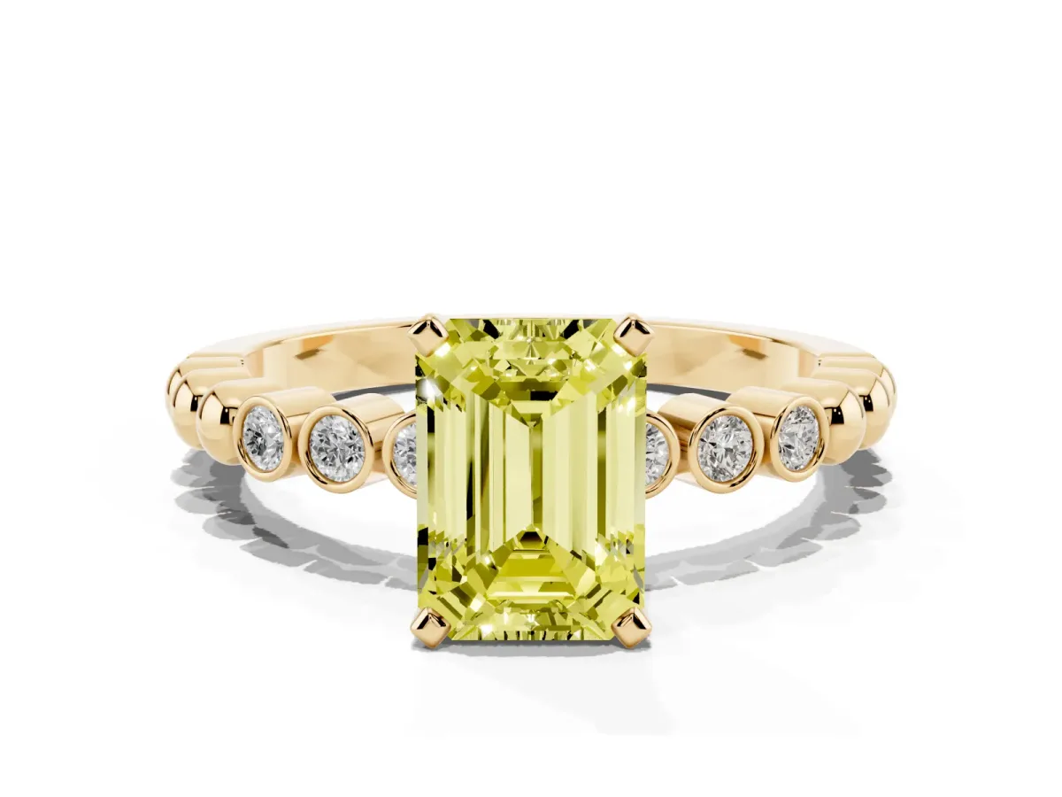 Fancy Yellow Emerald Cut Solitaire Bezel Accent Diamond Engagement Ring with Beaded Band and Four-Prong Setting Yellow gold