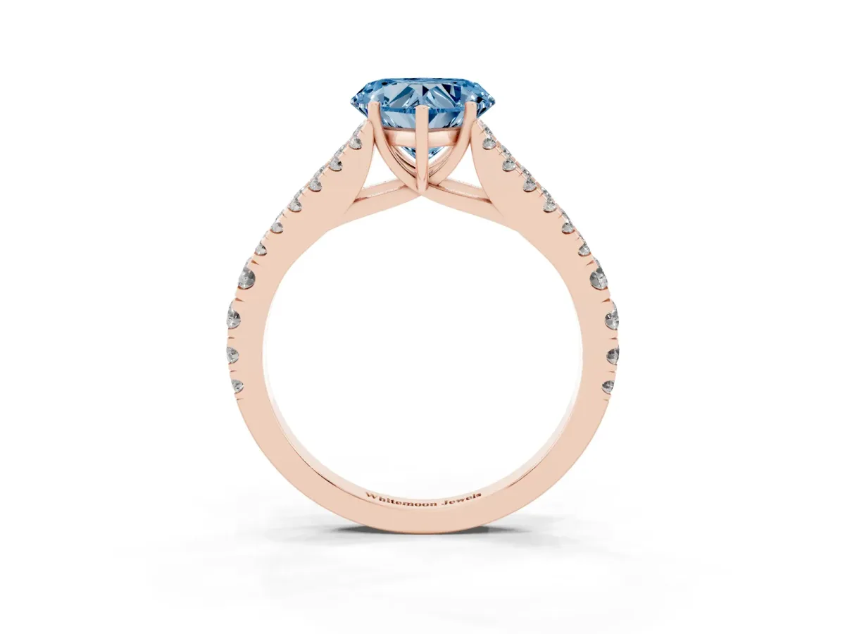 Fancy Blue Heart Cut Diamond Split Shank Pavé Engagement Ring with Four-Prong Setting Rose gold
