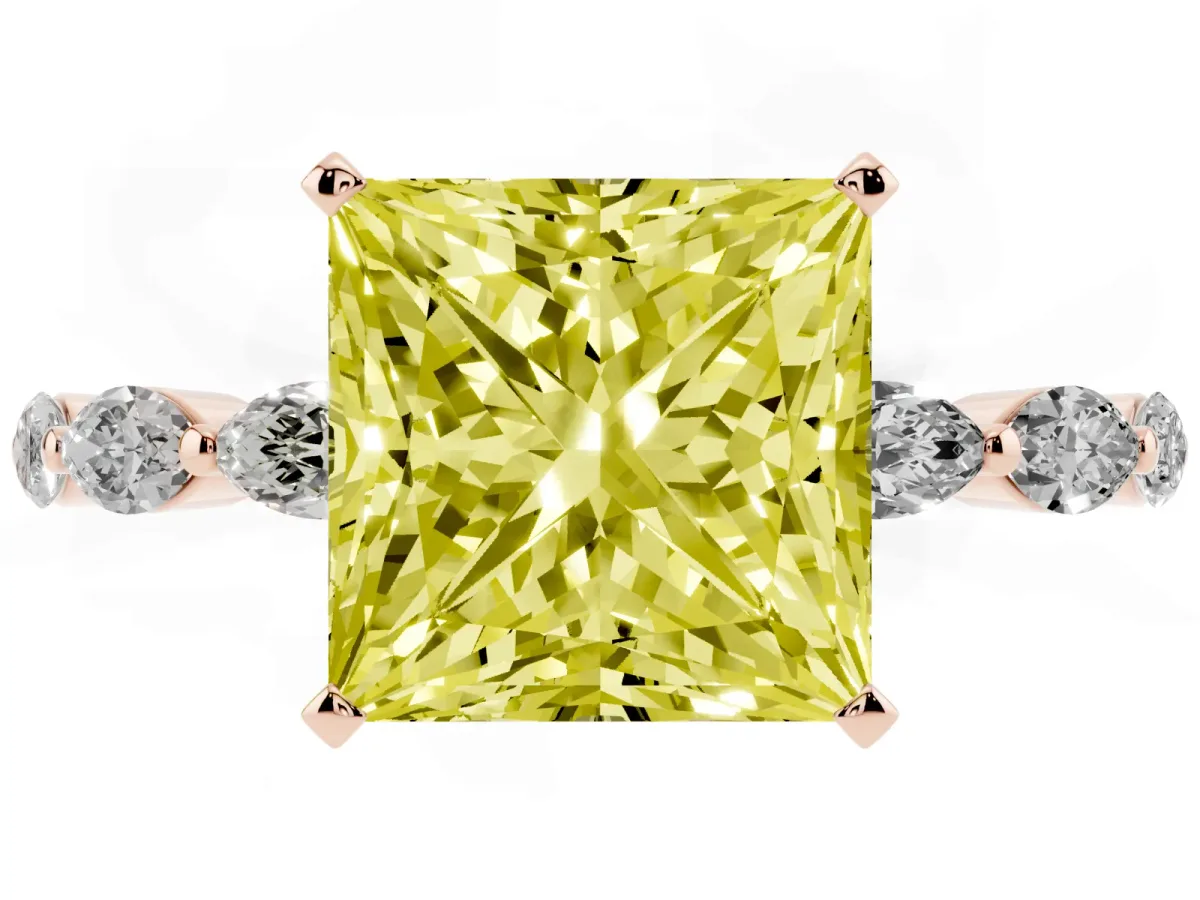 Fancy Yellow Princess Cut Diamond Ring with Marquise Side Stones and Prong Setting Rose gold