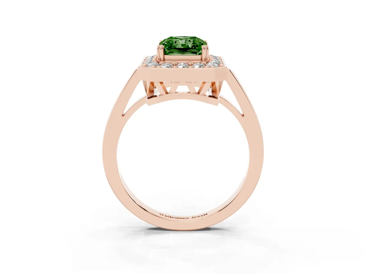 Fancy Green Radiant Cut Diamond Halo Ring with Split Shank and Four-Prong Setting Rose gold