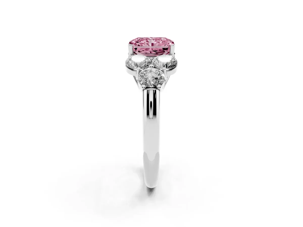 Fancy Pink Radiant Cut Cut Diamond Cluster Ring with Round Accent Stones and Prong Setting on a Classic Band White gold