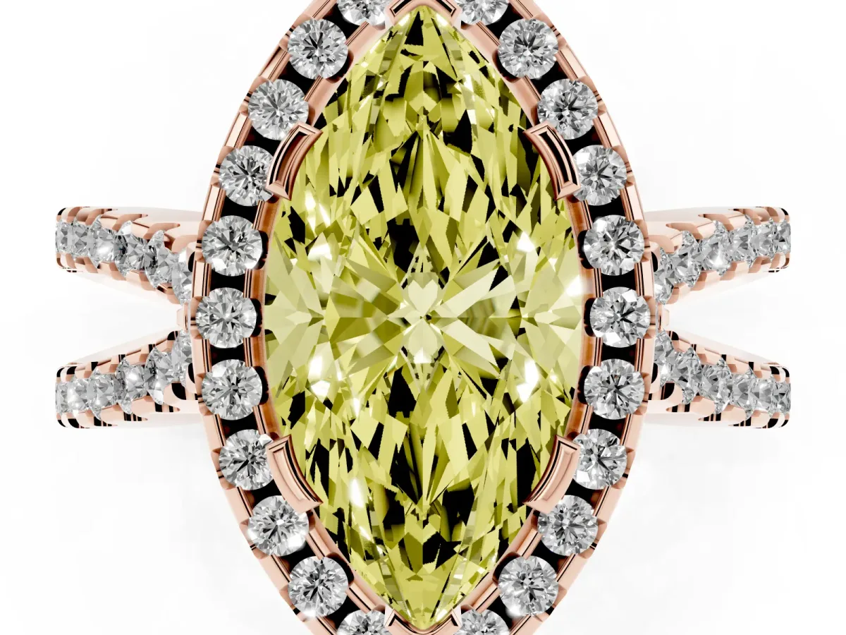 Fancy Yellow Marquise Cut Diamond Halo Ring with Split Shank Pavé Band and Prong Setting Rose gold
