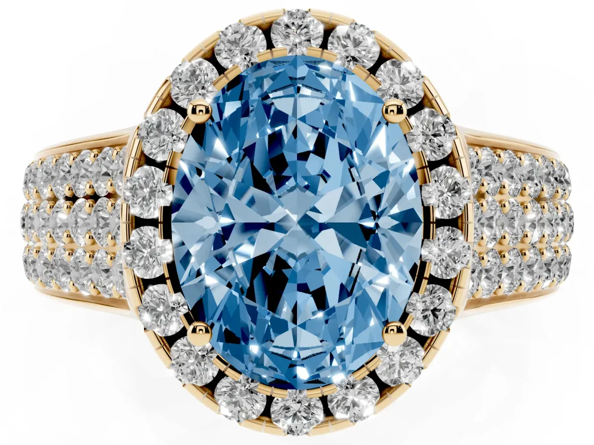 Fancy Blue Oval Cut Halo Round Diamond Pave Band with Prong Setting Yellow gold