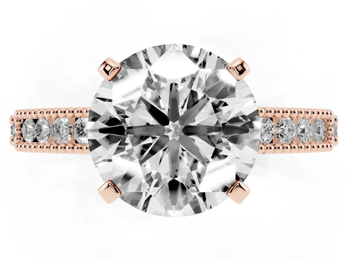 Round Cut Solitaire with Pavé Band and Four-Prong Setting Rose gold