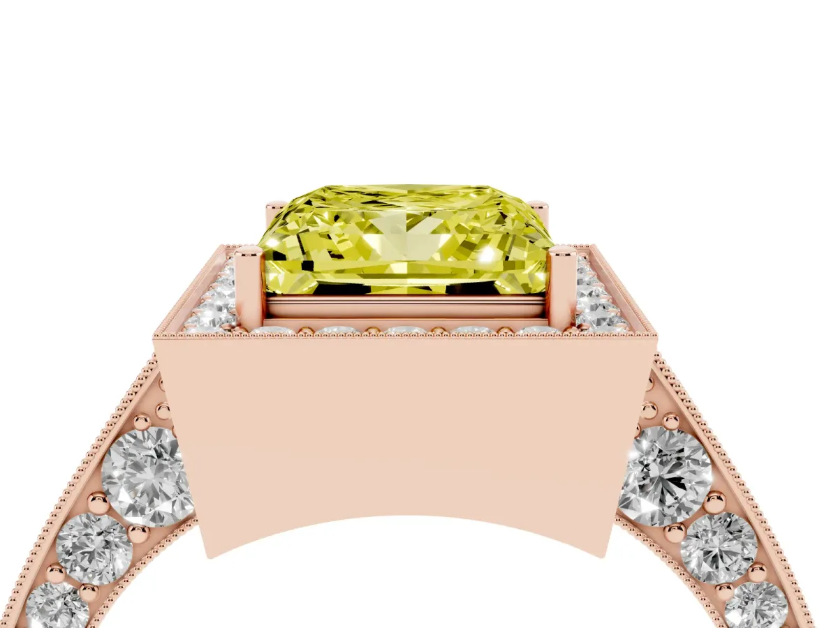 Fancy Yellow Princess Cut Halo Diamond Engagement Ring with Split Shank Band and Four-Prong Setting Rose gold