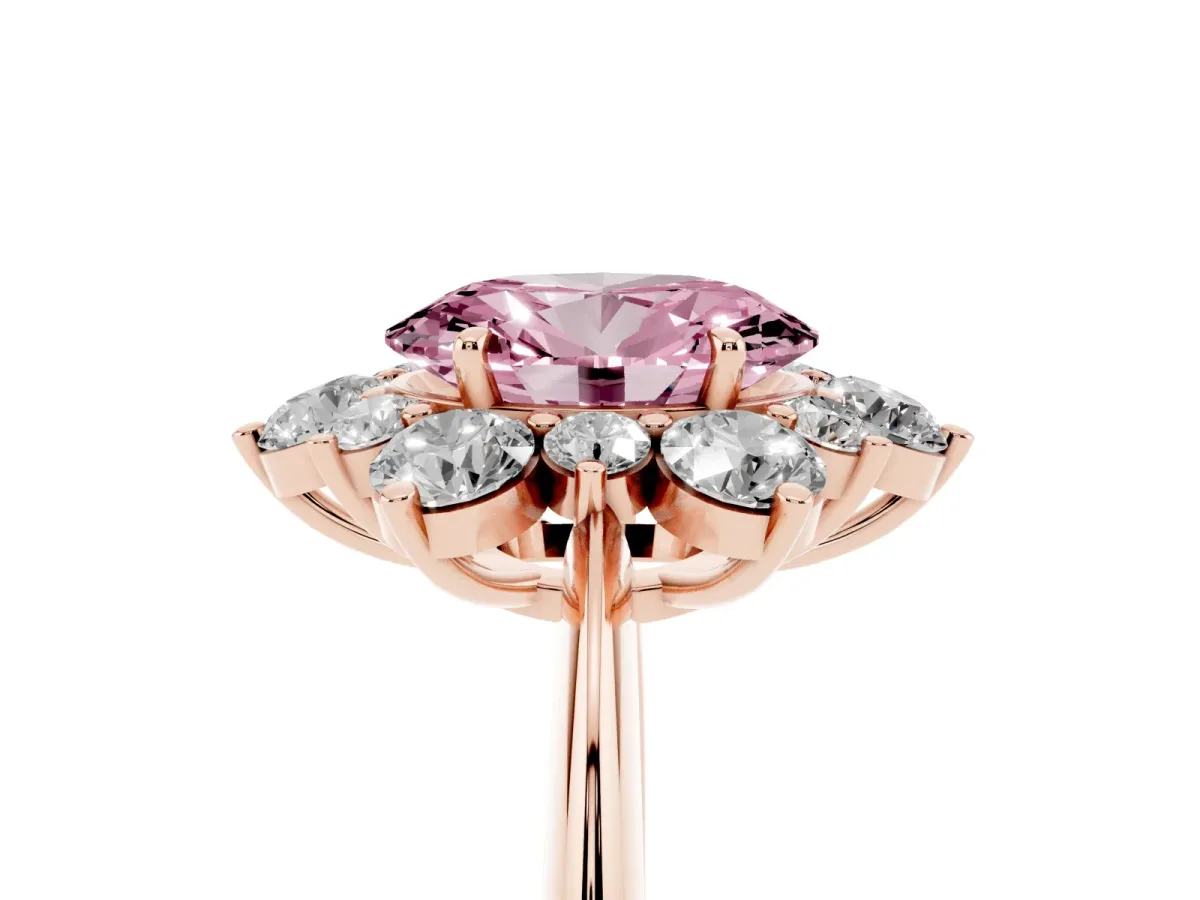Fancy Pink Oval Cut Diamond Cluster Halo Ring with Solitaire Band and Four-Prong Setting Rose gold