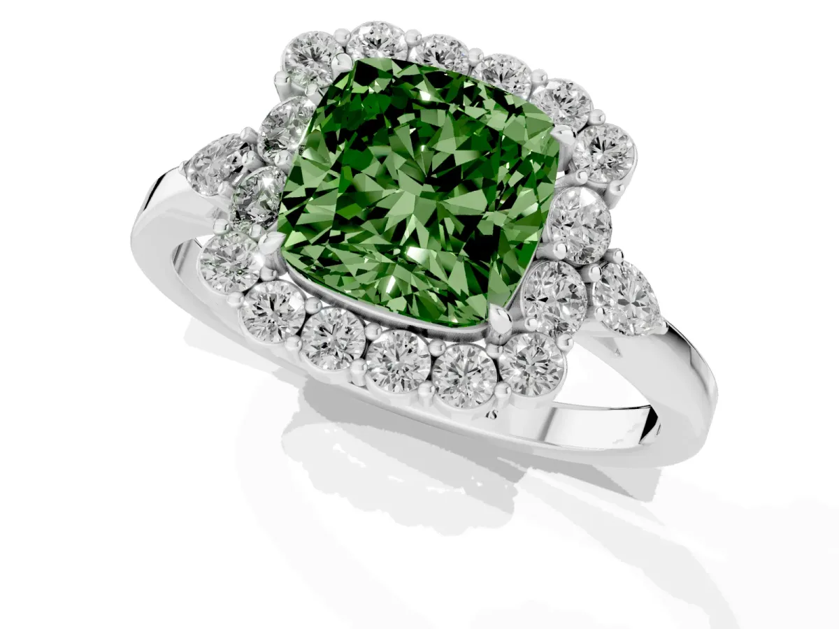 Fancy Green Cushion Cut Diamond Halo Ring with Pear Side Stones and Prong Setting Silver