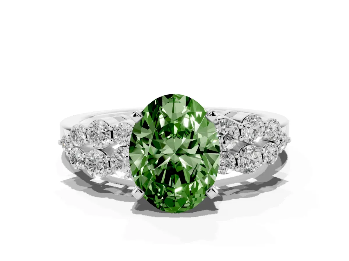 Fancy Green Oval Cut Cluster Diamond Engagement Ring with Pavé Band and Four-Prong Setting Platinum