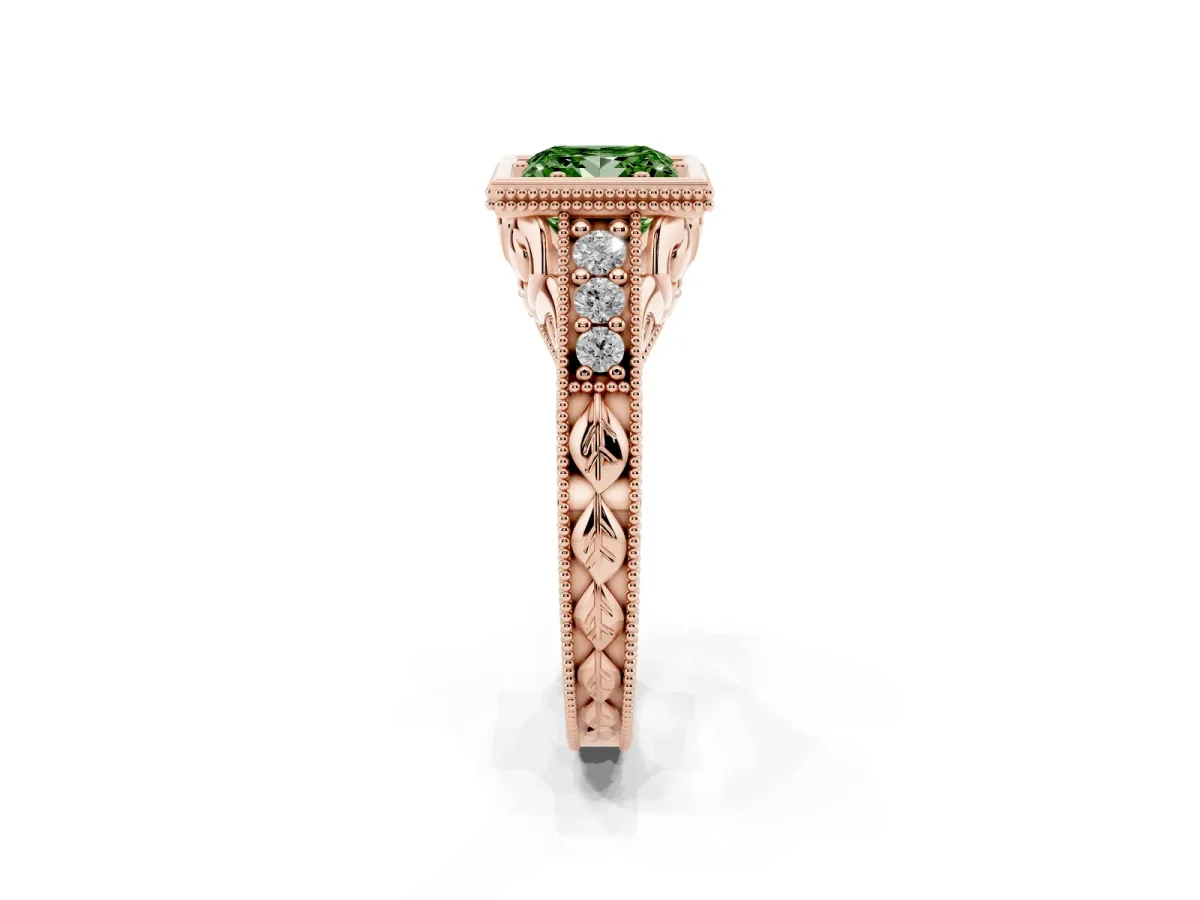 Fancy Green Bezel Set Princess Cut Diamond Milgrain Pave Engagement Ring Rose gold
