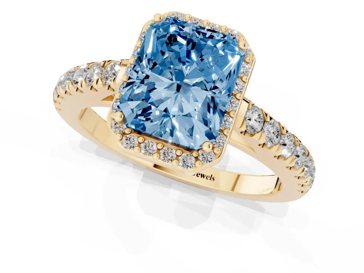 Fancy Blue Radiant Cut Cut Halo Diamond Engagement Ring with Pave Band and Four-Prong Setting Yellow gold