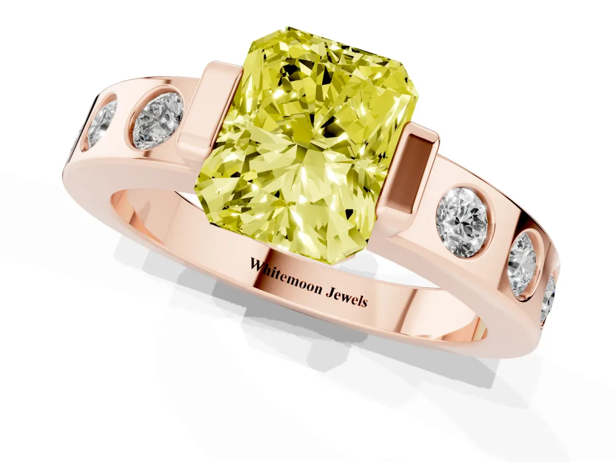 Fancy Yellow Radiant Cut Brilliant Channel-Set Diamond Ring with Bezel Prong Setting Rose gold