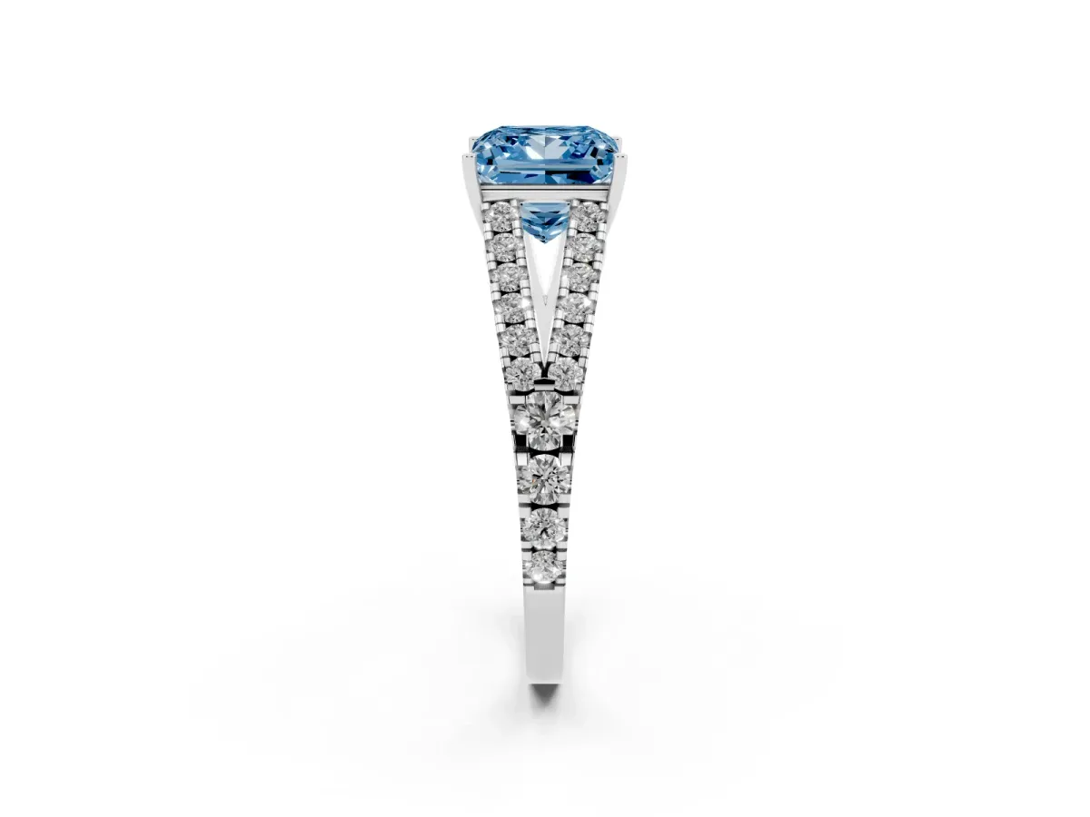 Fancy Blue Princess Cut Diamond Split Shank Engagement Ring with Round Pavé and Prong Setting Platinum