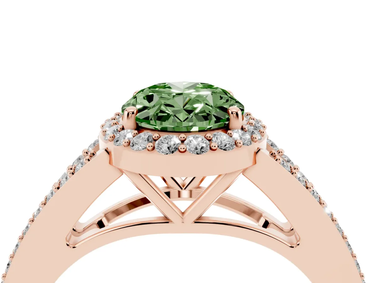 Fancy Green Oval Cut Halo Split Shank Pave Diamond Ring with Four-Prong Setting Rose gold