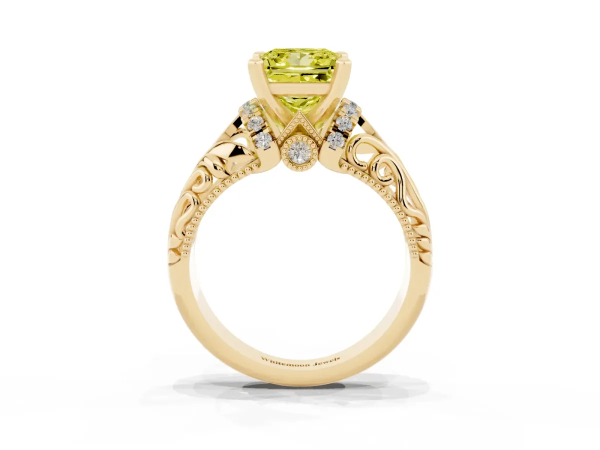 Fancy Yellow Princess Cut Solitaire Filigree Engagement Ring with Halo and Prong Setting Yellow gold