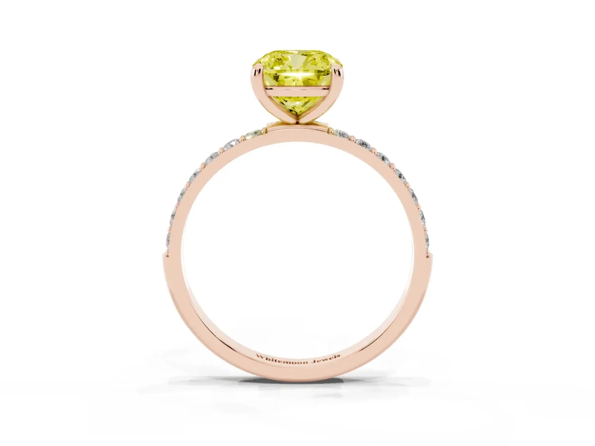 Fancy Yellow Cushion Cut Diamond Solitaire Ring with Round Pavé Band and Prong Setting Rose gold