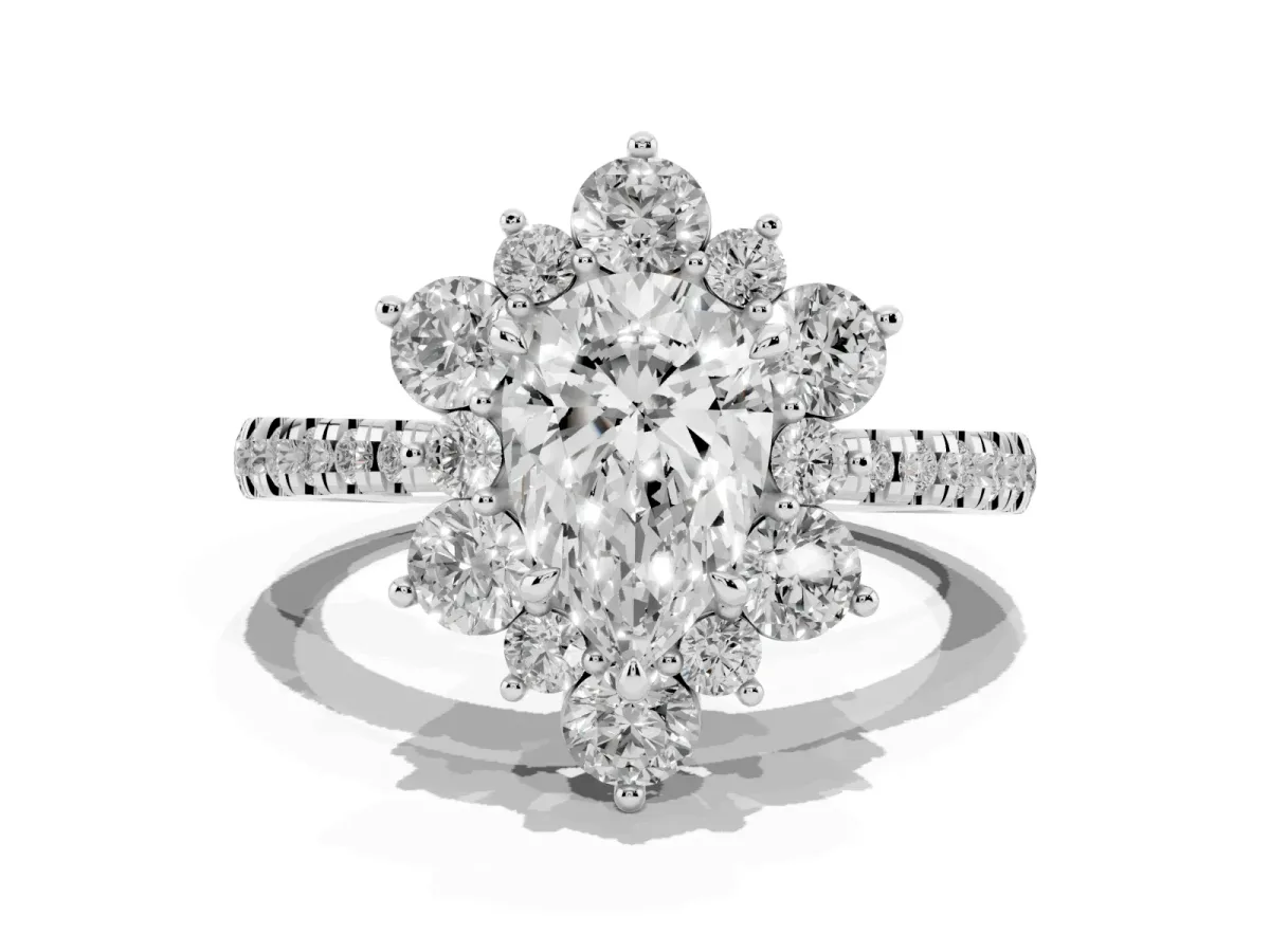 Pear Cut Diamond Floral Halo Ring with Round Pavé Band and Prong Setting Silver