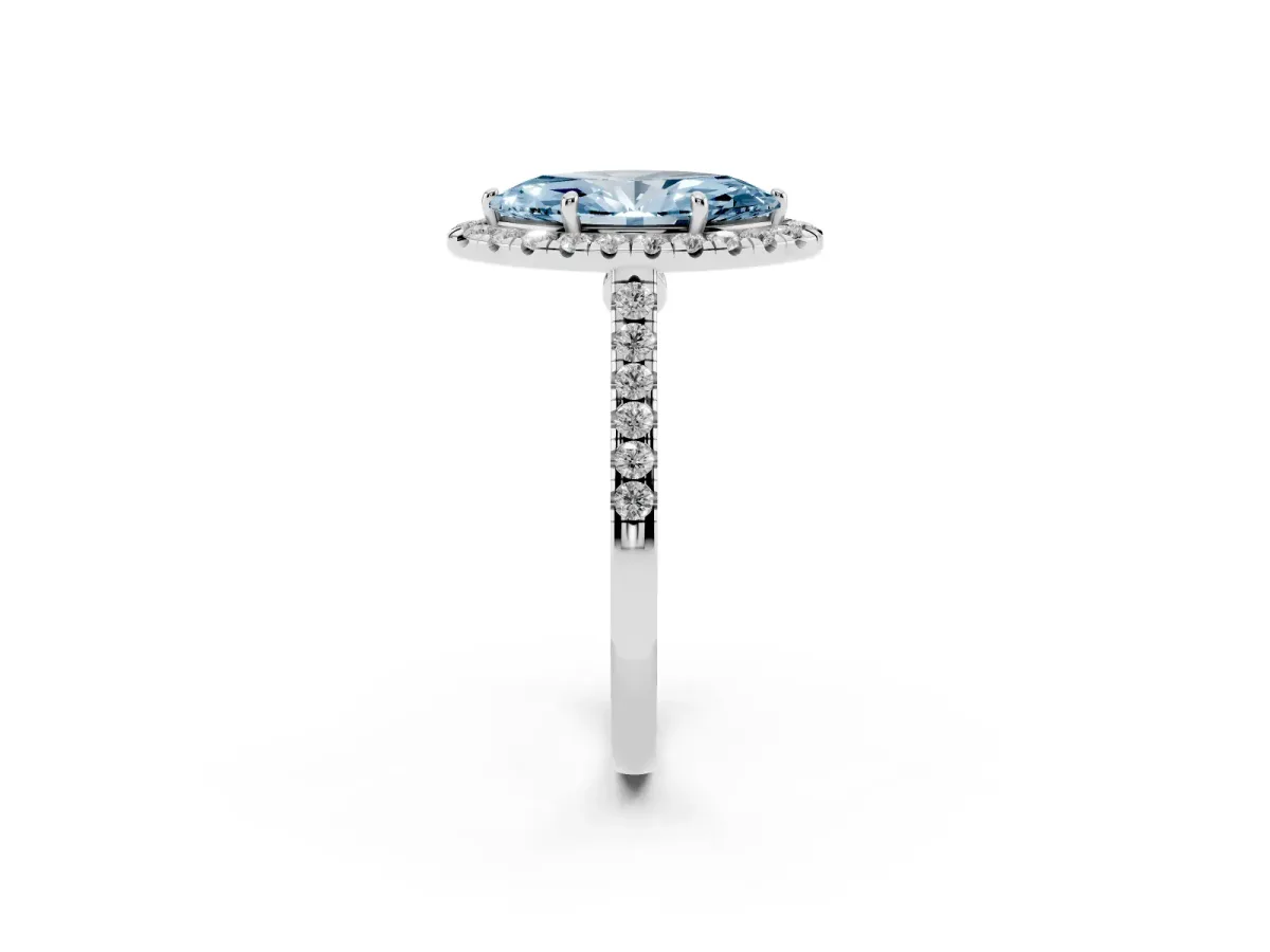 Fancy Blue Marquise Cut Halo Pave Diamond Engagement Ring with Four-Prong Setting Platinum
