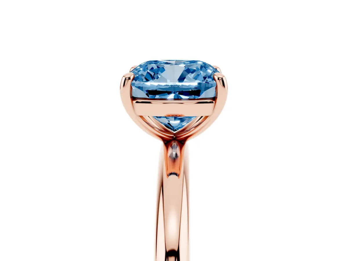 Fancy Blue Cushion Cut Solitaire Diamond Ring with Four-Prong Setting on a Plain Band Rose gold