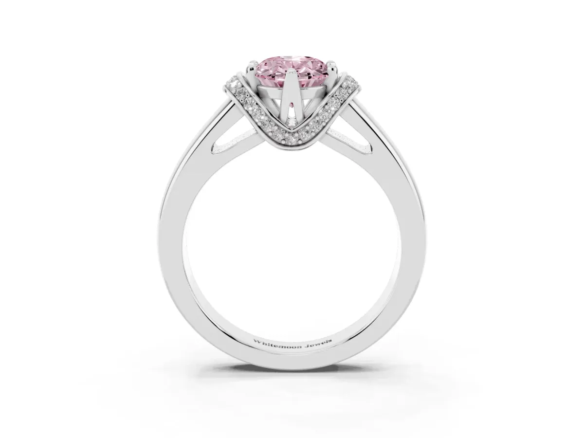 Fancy Pink Oval Cut Solitaire Diamond Ring with Pave Band and Six-Prong Setting Silver