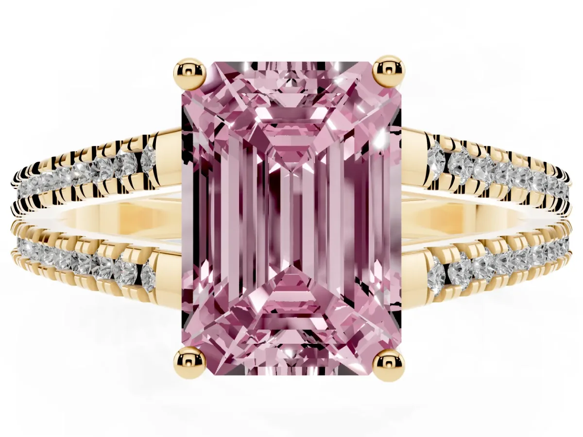 Fancy Pink Emerald Cut Diamond Solitaire Engagement Ring with Split Shank Pavé Band Yellow gold