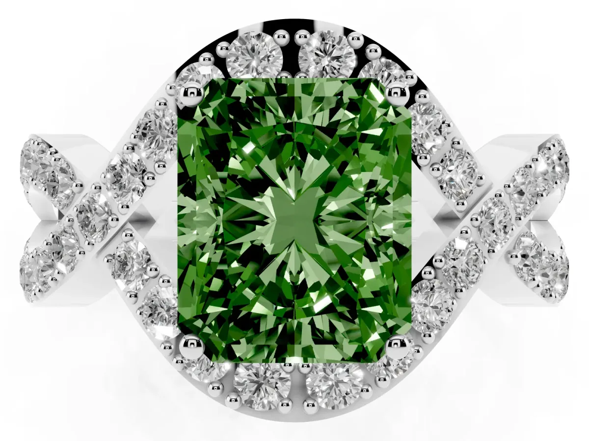 Fancy Green Radiant Cut Solitaire Twist Band Pavé Diamond Engagement Ring Platinum