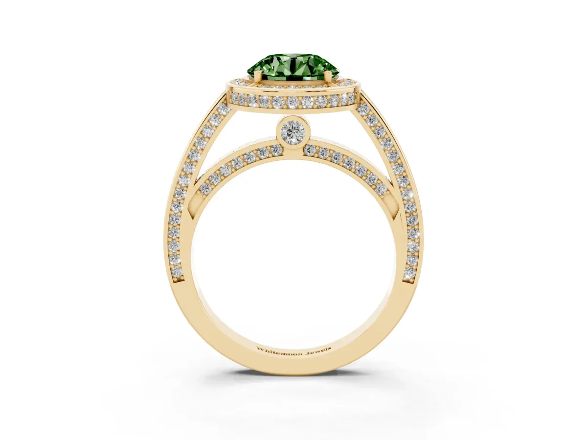 Fancy Green Round Cut Cut Halo Pave Split Shank Prong Setting Ring Yellow gold