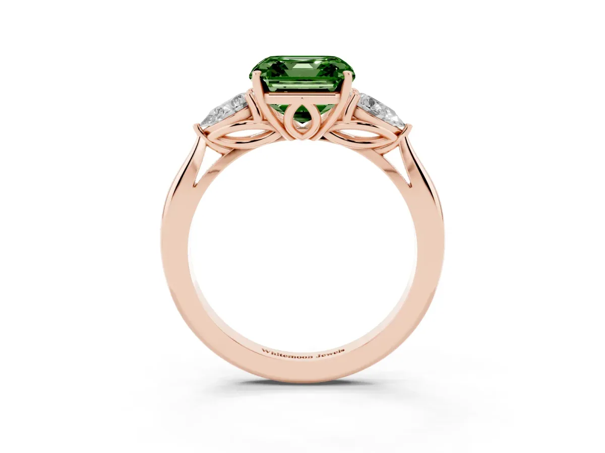 Fancy Green Asscher Cut Diamond Three-Stone Ring with Pear Side Stones and Prong Setting Rose gold