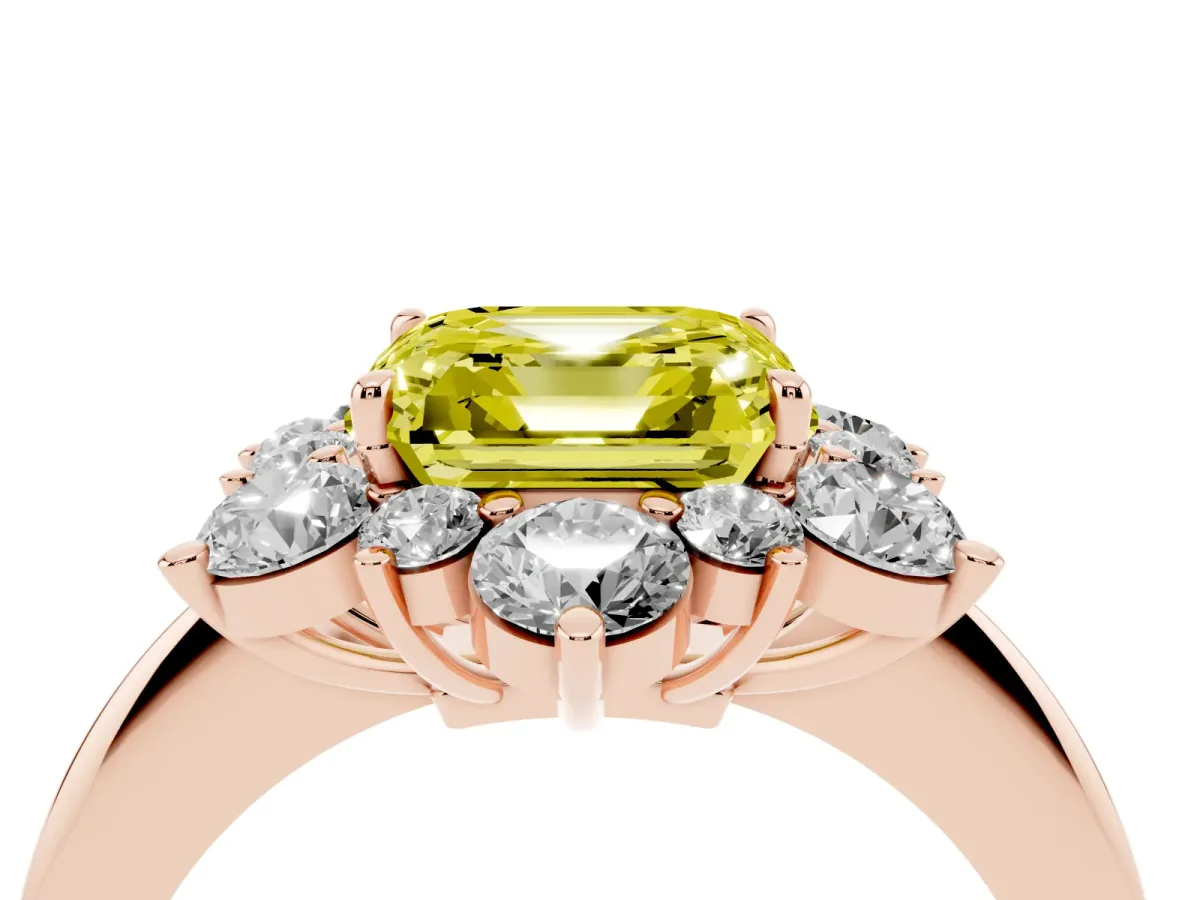 Fancy Yellow Asscher Cut Diamond Cluster Halo Ring with Solitaire Band and Four-Prong Setting Rose gold