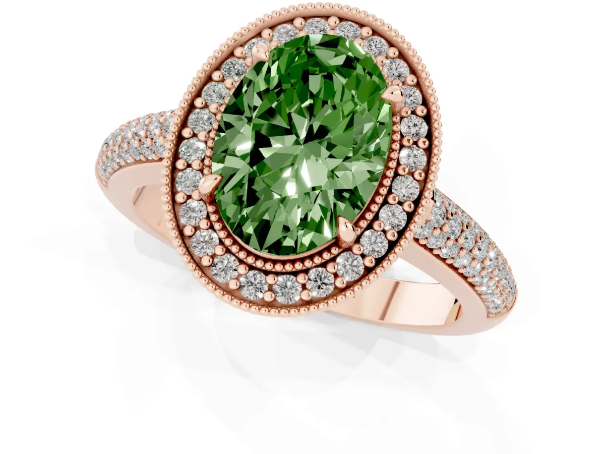 Fancy Green Oval Cut Cut Halo Diamond Pave Band with Four-Prong Setting Rose gold