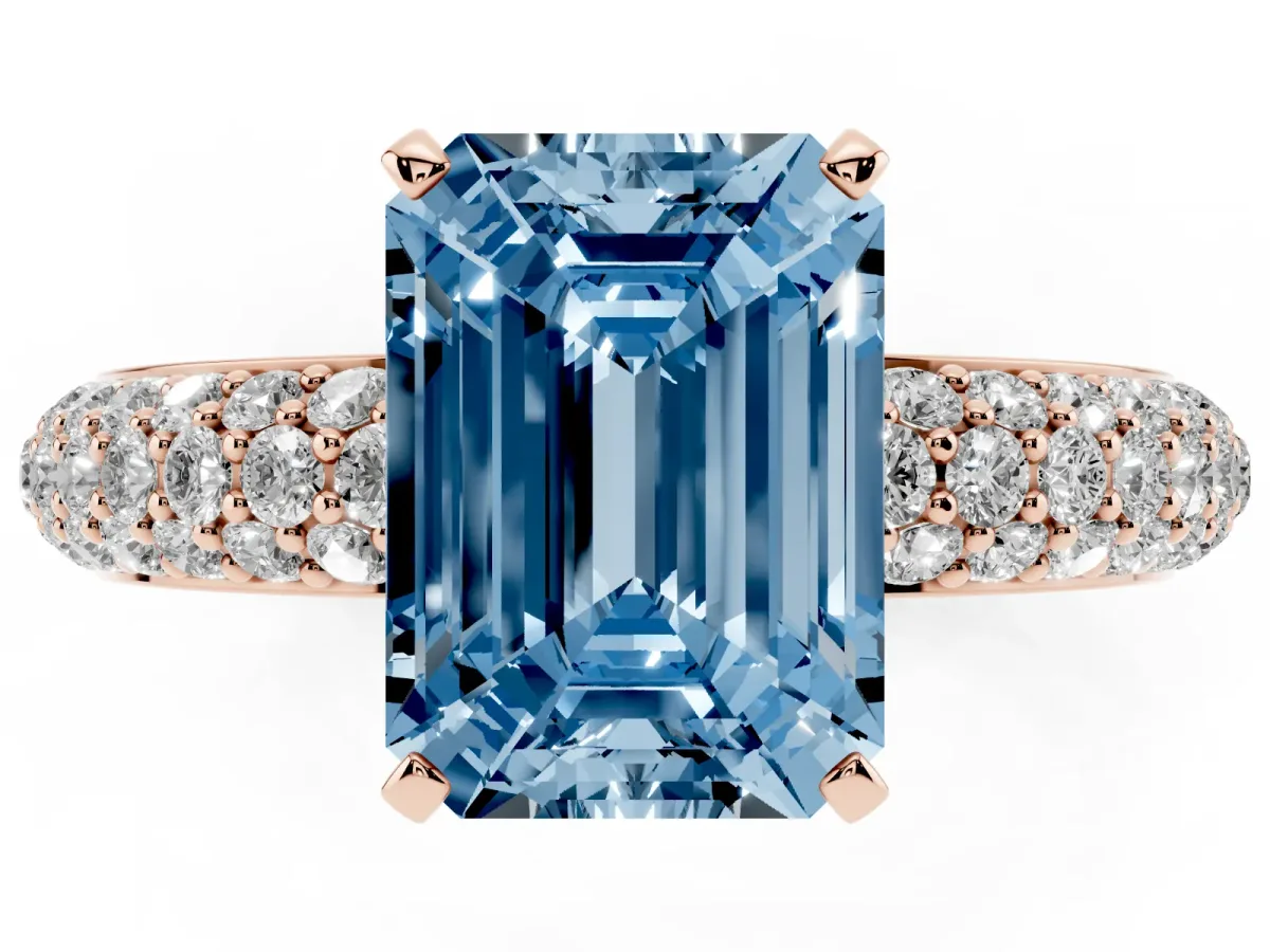 Fancy Blue Emerald Cut Diamond Solitaire Ring with Prong Setting and Pavé Band Rose gold