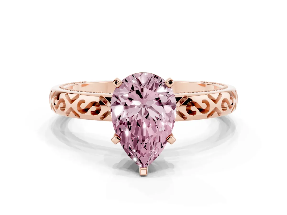 Fancy Pink Pear Cut Solitaire Engagement Ring with Scrollwork Band and Four-Prong Setting Rose gold