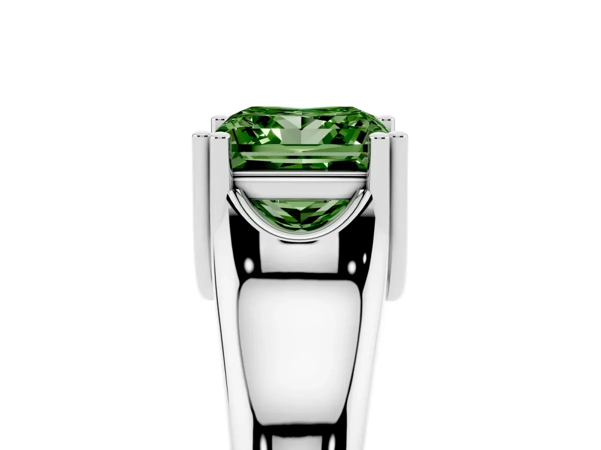 Fancy Green Princess Cut Diamond Solitaire Ring with Wide Band and Prong Setting White gold