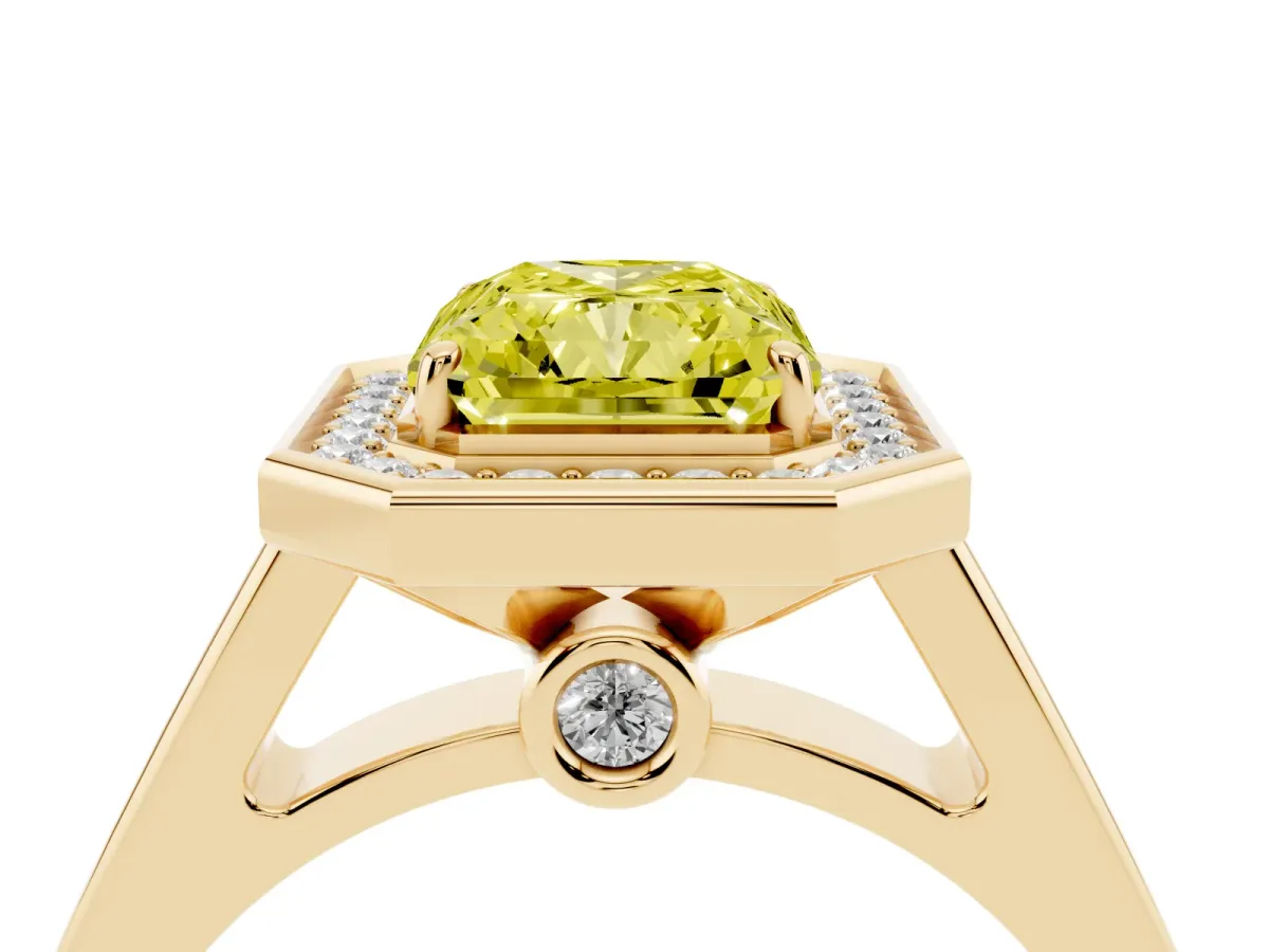 Fancy Yellow Radiant Cut Halo Solitaire Diamond Ring with Pave Band and Bezel Setting Yellow gold
