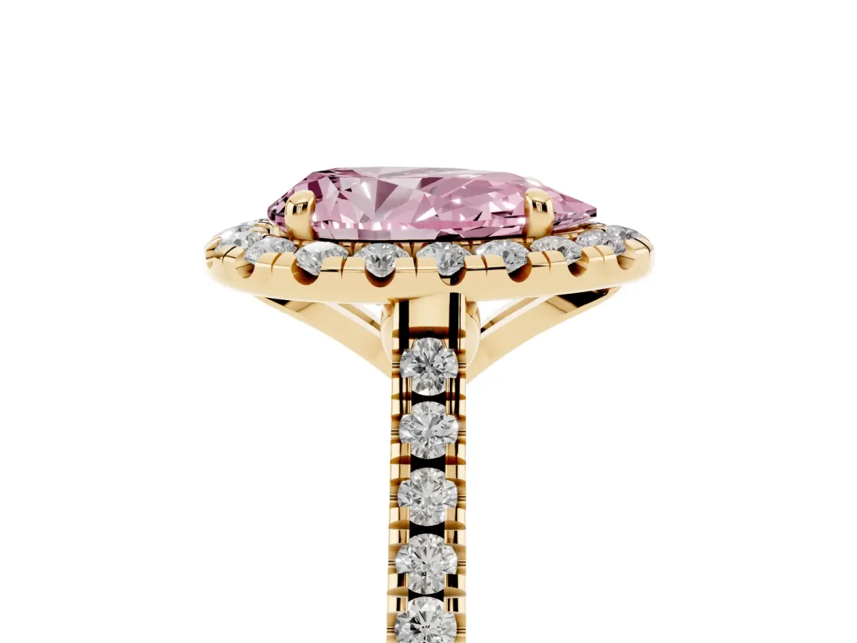 Fancy Pink Pear Cut Diamond Cushion Halo Ring with Pavé Band Yellow gold