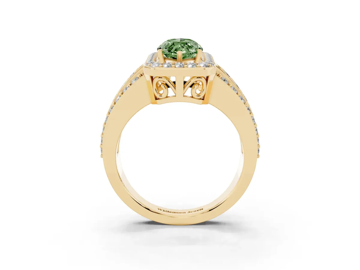 Fancy Green Marquise Cut Halo Diamond Ring with Round Split Shank and Prong Setting Yellow gold