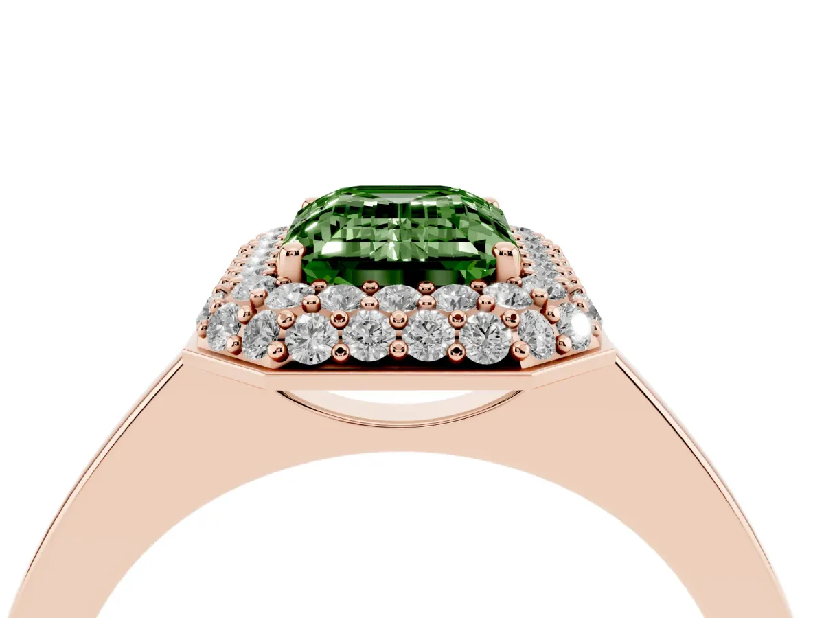 Fancy Green Emerald Cut Halo Diamond Engagement Ring with Solitaire Band and Four-Prong Setting Rose gold