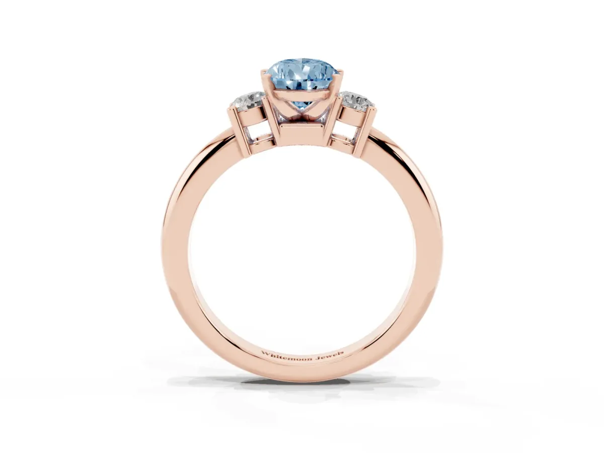 Fancy Blue Three-Stone Pear Cut Cut Diamond Solitaire with Prong Setting and Classic Band Rose gold