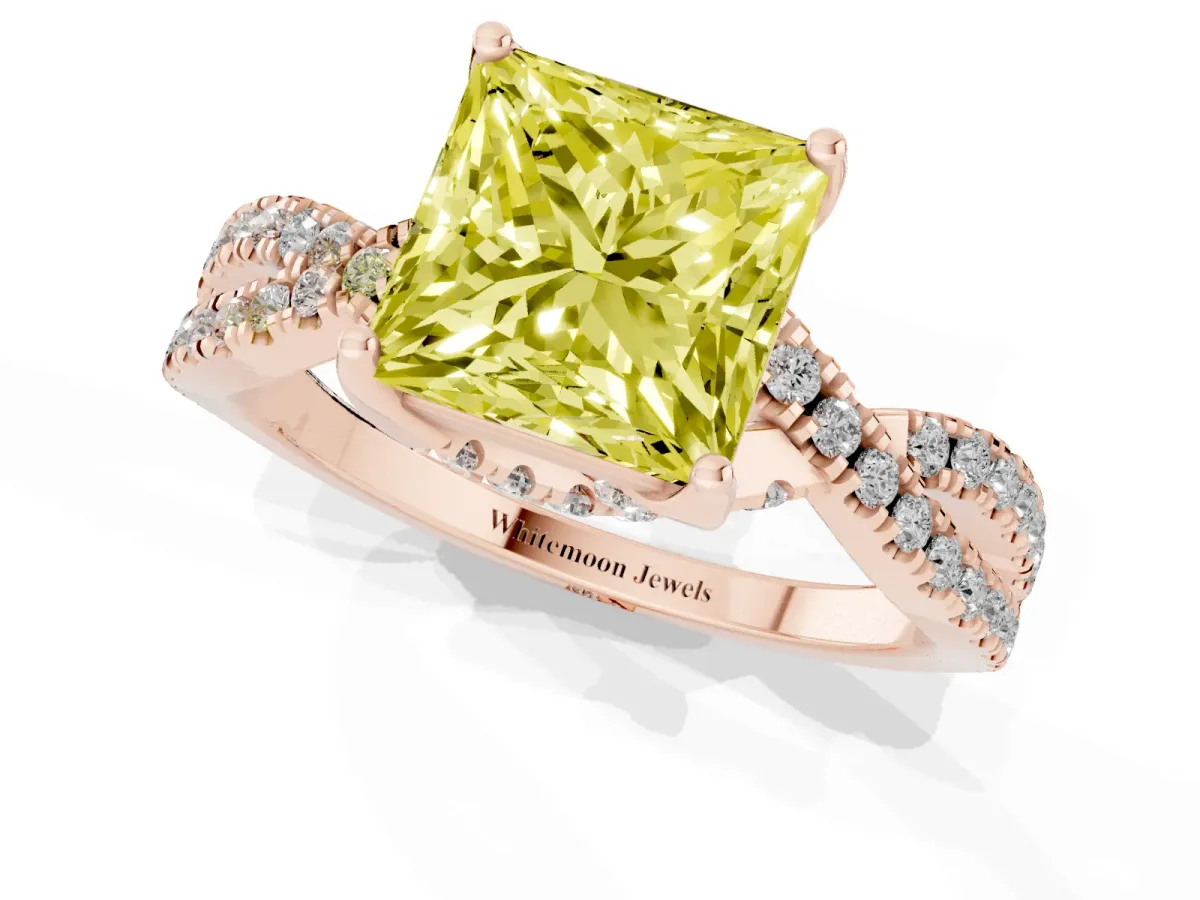 Fancy Yellow Princess Cut Solitaire Twist Pave Diamond Engagement Ring with Prong Setting Rose gold