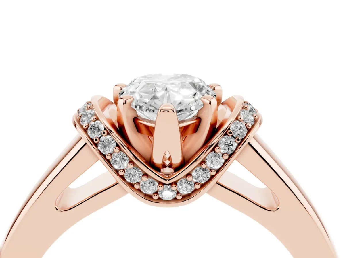 Pear Cut Solitaire Diamond Ring with Pave Band and Six-Prong Setting Rose gold