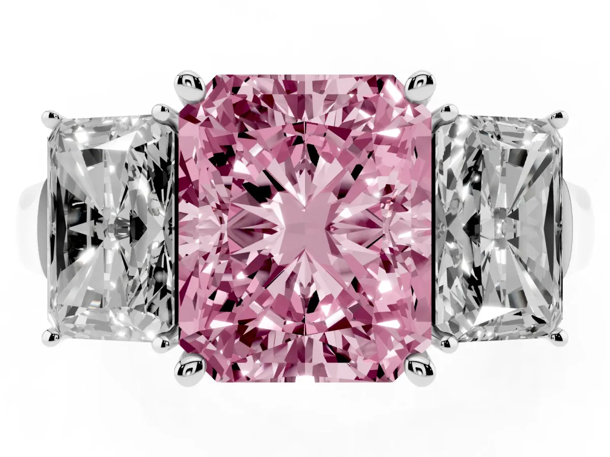 Fancy Pink Three-Stone Radiant Cut Brilliant Diamond Trellis Ring with Comfort Fit Band Silver