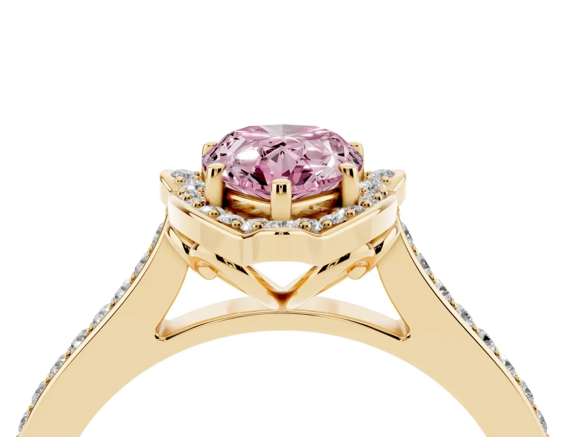 Fancy Pink Pear Cut Halo Round Diamond Pave Band with Four-Prong Setting Yellow gold