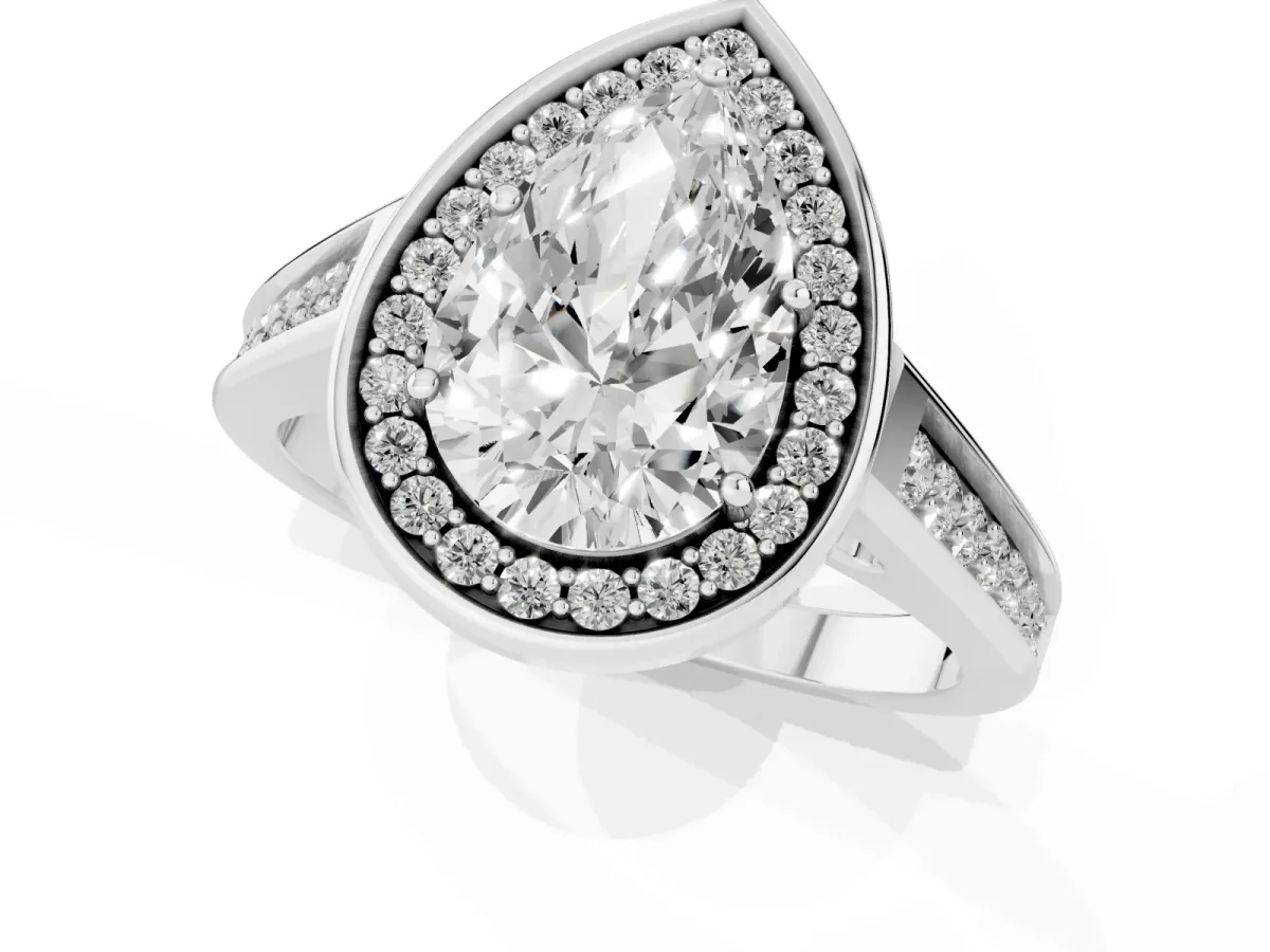 Pear Cut Halo Solitaire Diamond Ring with Pave Band and Bezel Setting Silver