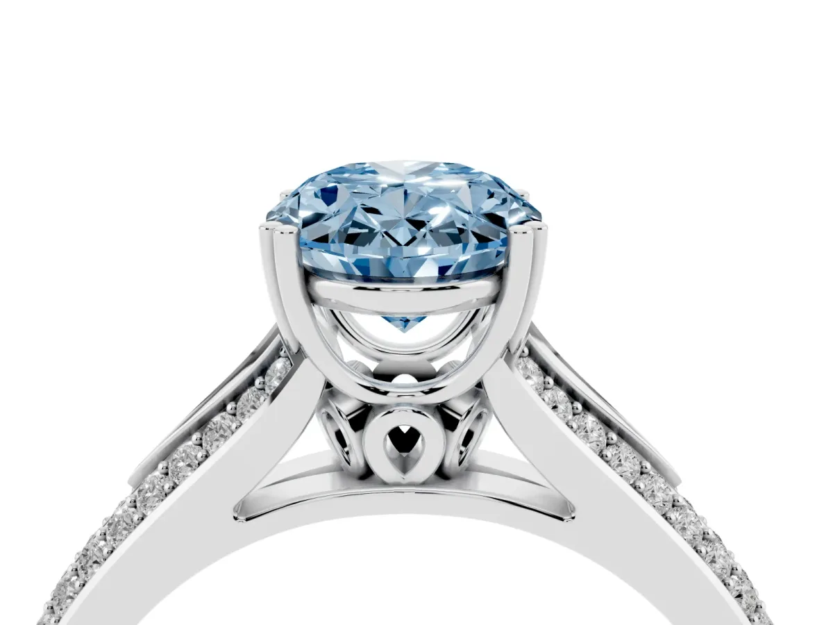 Fancy Blue Oval Cut Diamond Split Shank Engagement Ring with Pavé Band White gold